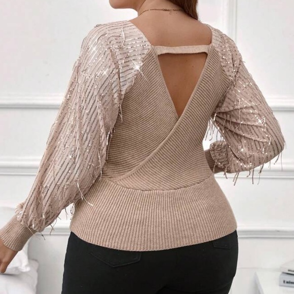Plus size luxe raglan sleeve  sequins overlap front sweater top - Picture 2 of 5